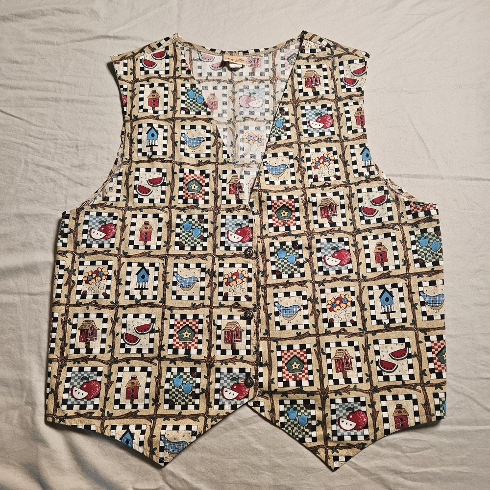 VTG Joni-Lyn of Texas Vest L Country Cottagecore Quilted Gingham Birdhouse